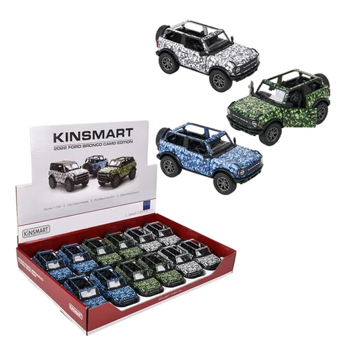 KINSMART – 2022 ford Bronco Camo Edition (Hard Top) – Modellino 13cm c/porte apribili – c/pull-back and go In espo da 12pz (42,5x28cm) 3ass…x12…x48